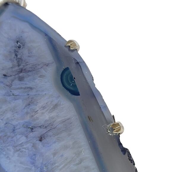 Blue Agate Slice Pendant – Sterling Silver Handmade 3" Crystal Necklace - Picture 5 of 12